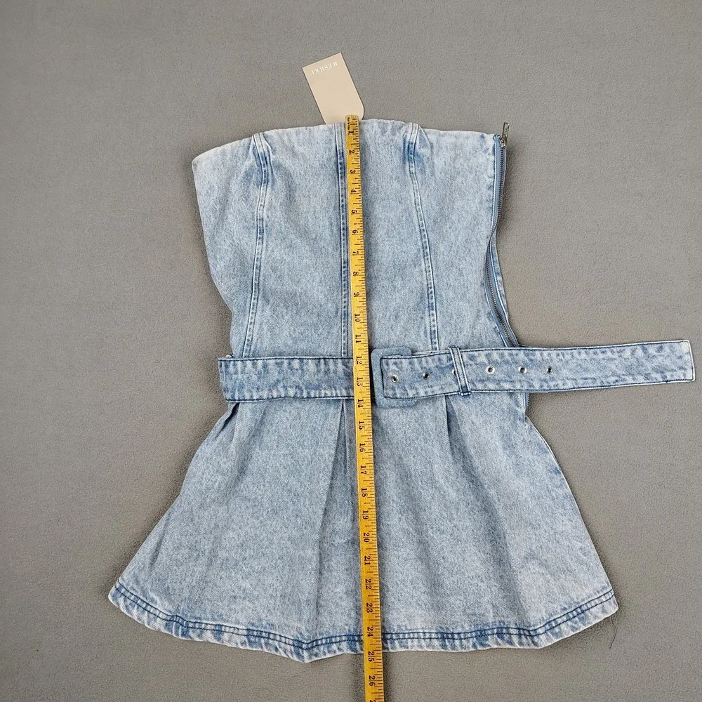 Meshki Mini Dress Medium Strapless Pleated Blue Denim Belted Flirty Festival New